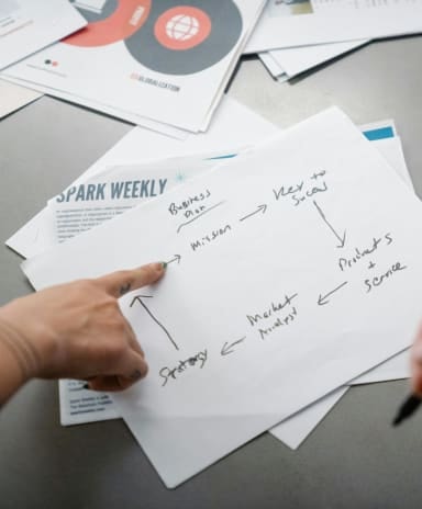 Hand writing business strategy notes on paper
